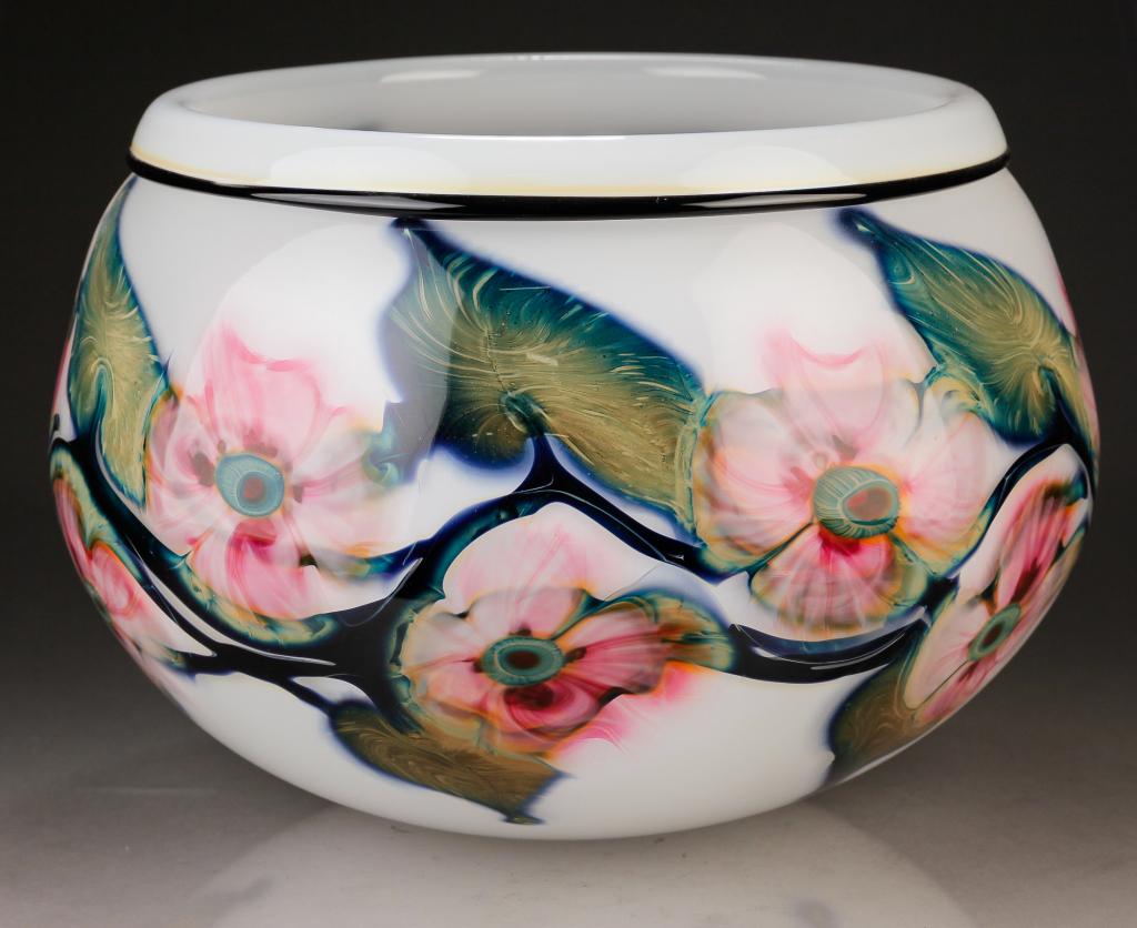 CHARLES LOTTON GLASS BOWL.: Signed and dated "Charles Lotton, 1996, Multi Flora". Pink flowers on translucent white ground, folded rim. 8"h. 11.5"d.