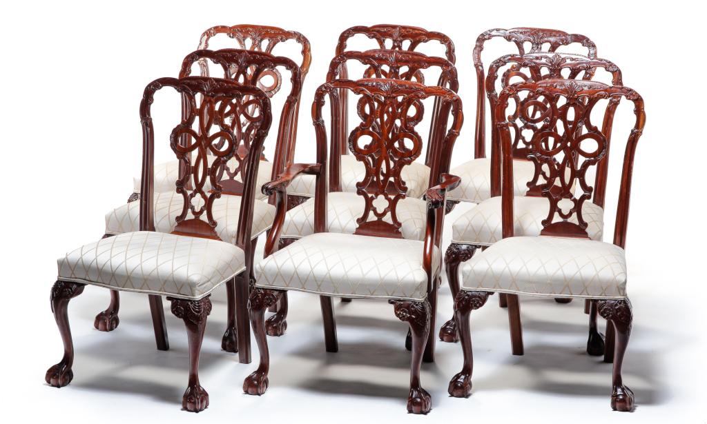 NINE CHIPPENDALE STYLE DINING CHAIRS. (1 of 6)