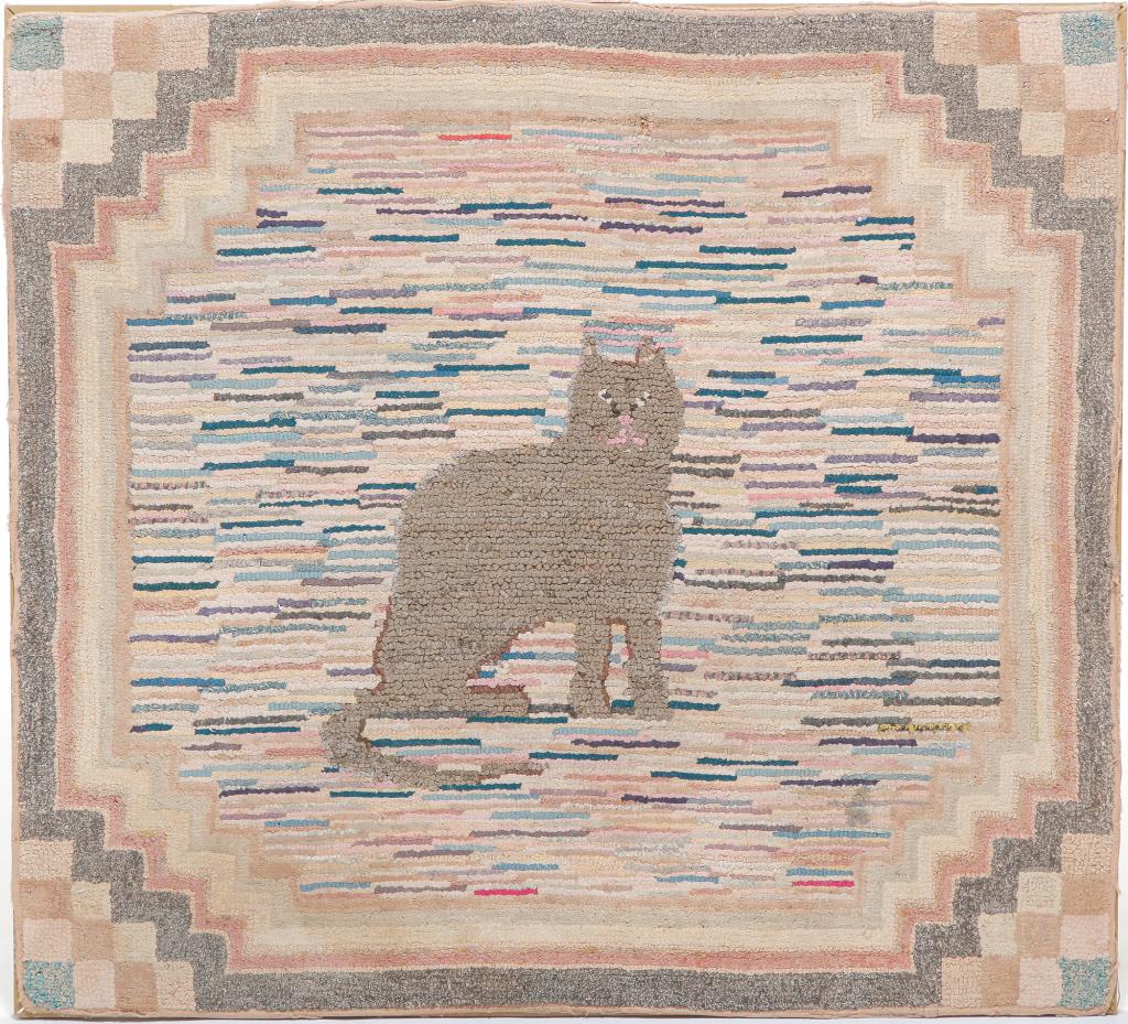 AMERICAN CAT HOOKED RUG. (1 of 3)
