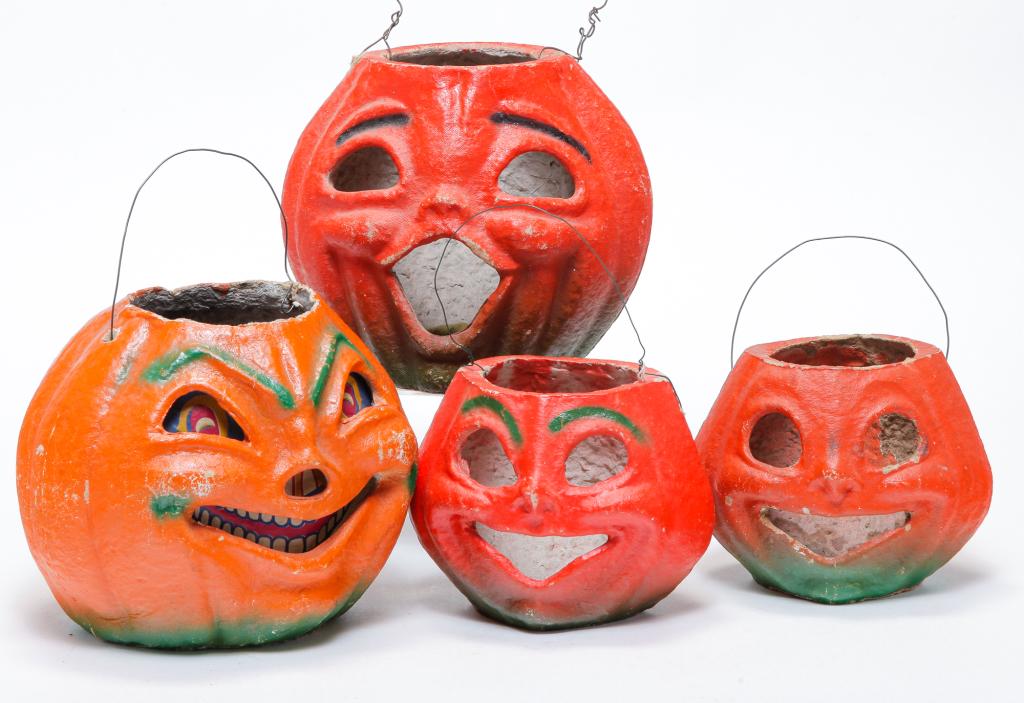 FOUR PAPIER MACHE HALLOWEEN JACK O'LANTERNS. (1 of 4)
