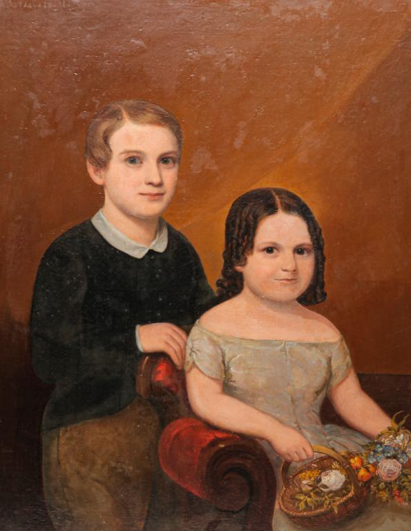 DOUBLE PORTRAIT OF SIBLINGS.: American school, 2nd quarter 19th century. Oil on canvas, unsigned. Brother and sister with an Empire sofa. She holds a basket of flowers. Restored including rebacking on canvas. 34"h. 27"w., late fra