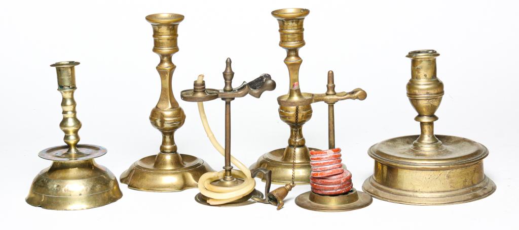 SIX EUROPEAN BRASS CANDLESTICKS. (1 of 6)