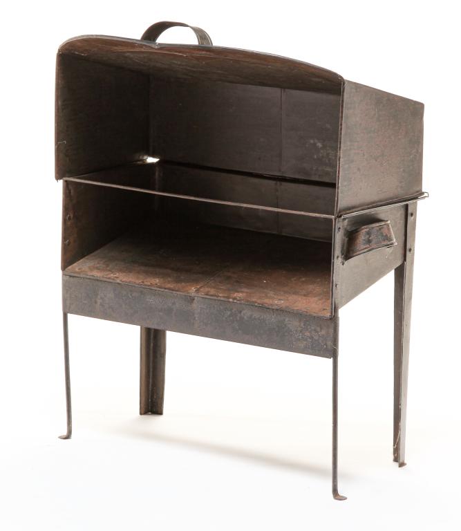 AMERICAN TIN ROASTER.: Mid 19th century. Fireplace roaster with lift lid and wrought iron penny feet in front. 25.5"h. 19"w. 13.5"d.