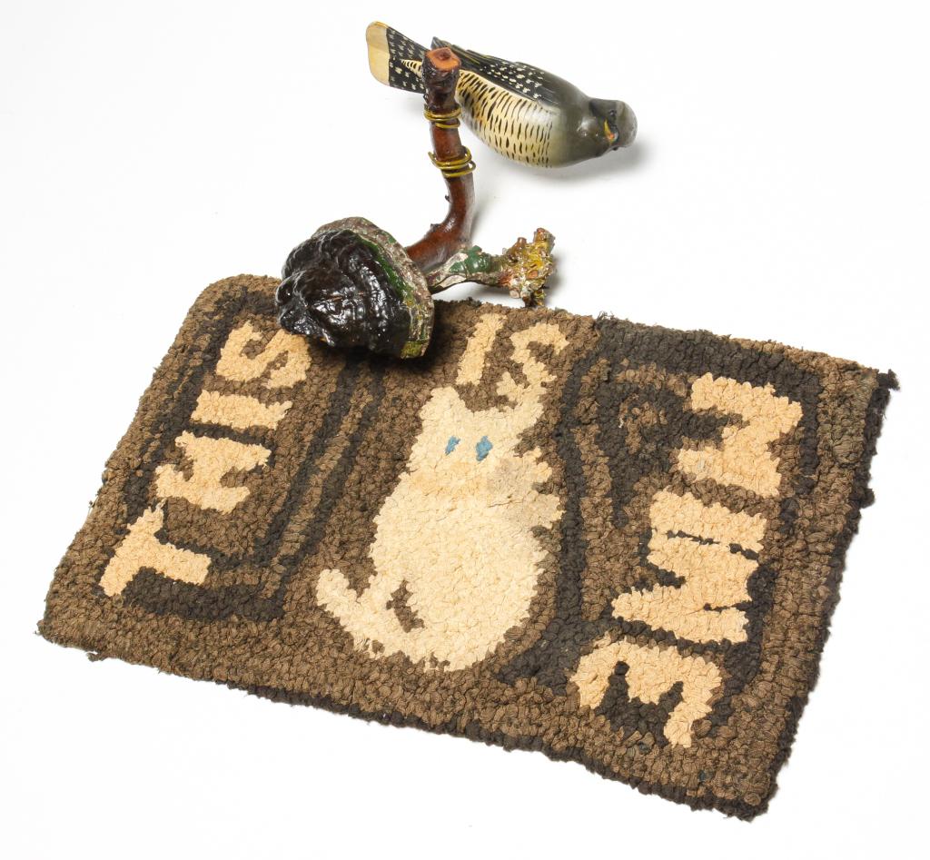 AMERICAN CARVED BIRD AND CAT HOOKED MAT. (1 of 4)