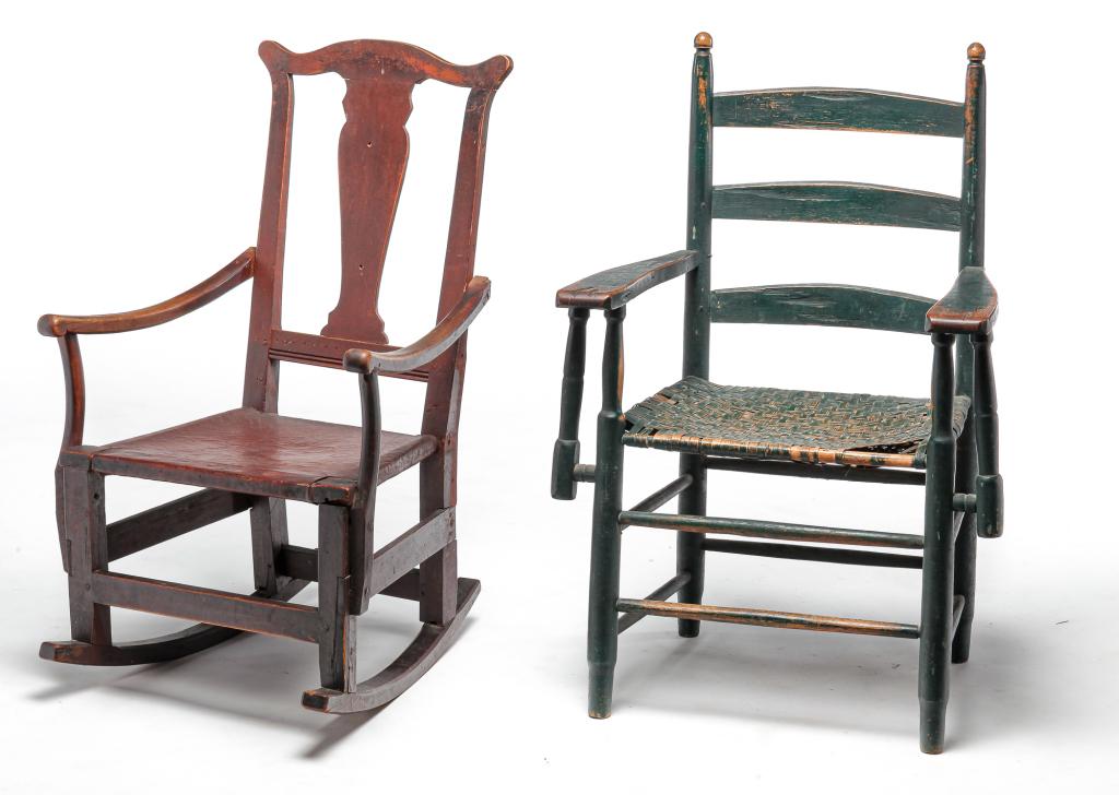 AMERICAN COUNTRY ROCKER AND ARMCHAIR.: First half 19th century. Wide ladderback armchair with wide arms and additional turned supports. Split seat. Old green paint. Wear and some loss. 16.5" seat, 37.5"h. And a rocker with Queen Anne splat