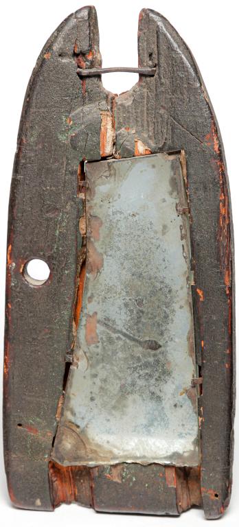 AMERICAN FRAGMENT MIRROR.: Possibly 20th century construction. Rough frame of repurposed wood with old black paint and some putty fill. Incised date "1782" on back. Glued and wired repairs. 10.5"h. 5"w.