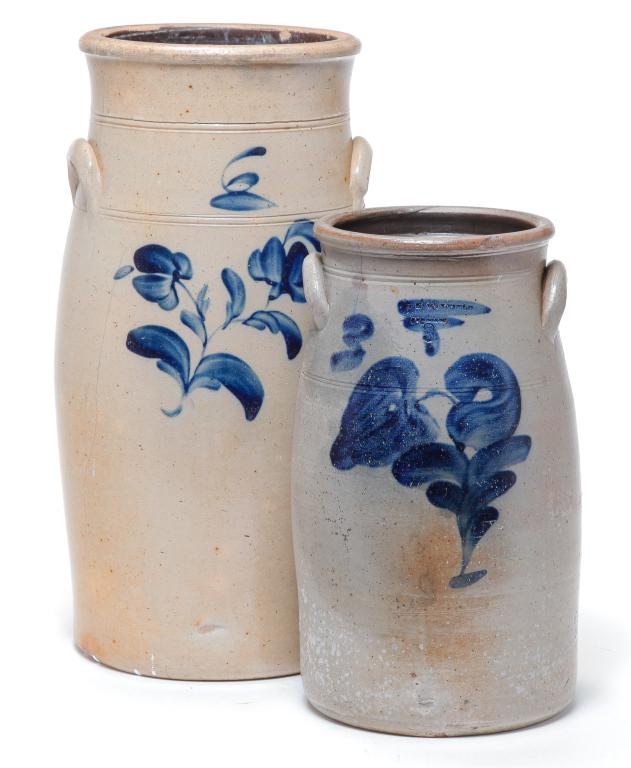 TWO WISCONSIN STONEWARE CHURNS. (1 of 5)
