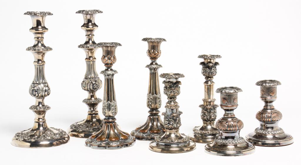 FOUR PAIR OF SHEFFIELD SILVERPLATE CANDLESTICKS. (1 of 3)