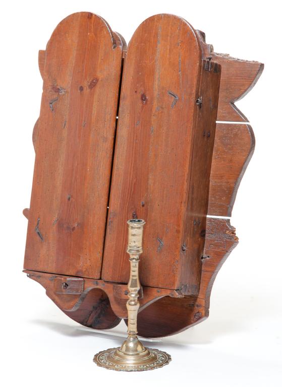 EUROPEAN BRASS CANDLESTICK AND HANGING CABINET. (1 of 5)