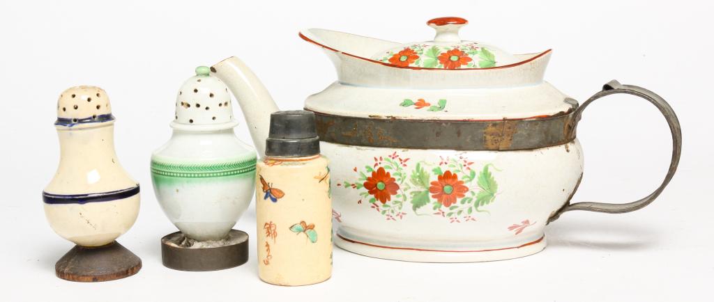 THREE PEPPER POTS AND A TEAPOT.: First half 19th century. All with make-do repairs. Three pepper pots. Two English Leedsware. Wooden base, 4.25"h., and plaster and tin baking soda lid. 4.5"h. And Chinese with flowers and replaced scr