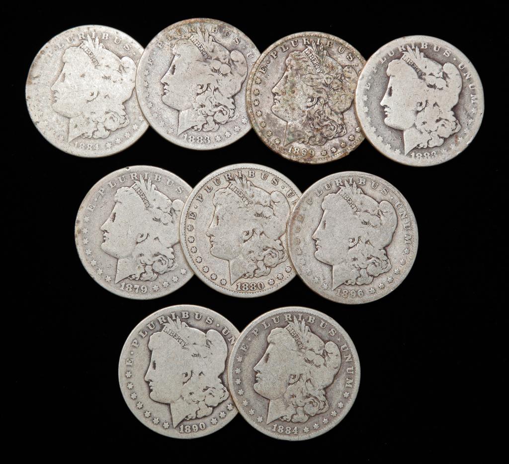 GROUP OF NINE PRE-1900 MORGAN SILVER DOLLARS (1 of 2)