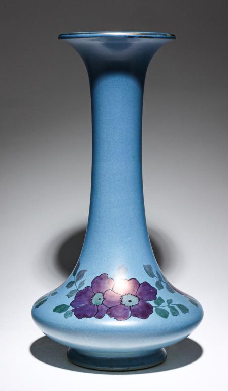 ROSEVILLE PAULEO VASE.: Ca. 1914. Blue body with pink and green luster decoration, unmarked, 19"h.