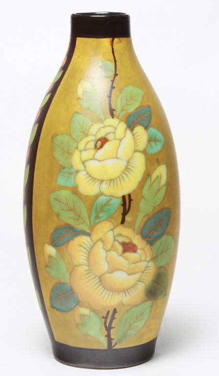 BOCH FRERES FLORAL VASE.: Belgium, 2nd quarter 20th century. Yellow rose decoration. Numbered "WD 2342". Blue stamp "Boch Freres Keramics" with Paris retailer's paper label. 10.75"h.