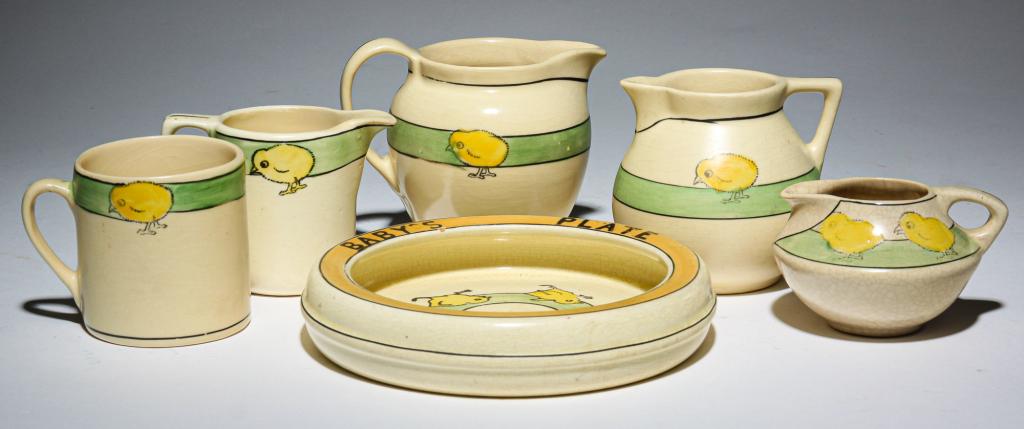 SIX ROSEVILLE JUVENILEWARE PIECES.: Early 20th century. Baby chicks: four creamers 2.25" to 4"h. and a mug, 2.75"h. Together with a "Baby's Plate". Hairline. 1.25"h.