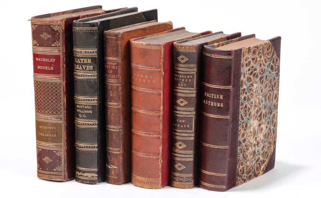 SIX VARIOUS LEATHER BOUND BOOKS INCLUDING NOVELS (1 of 7)