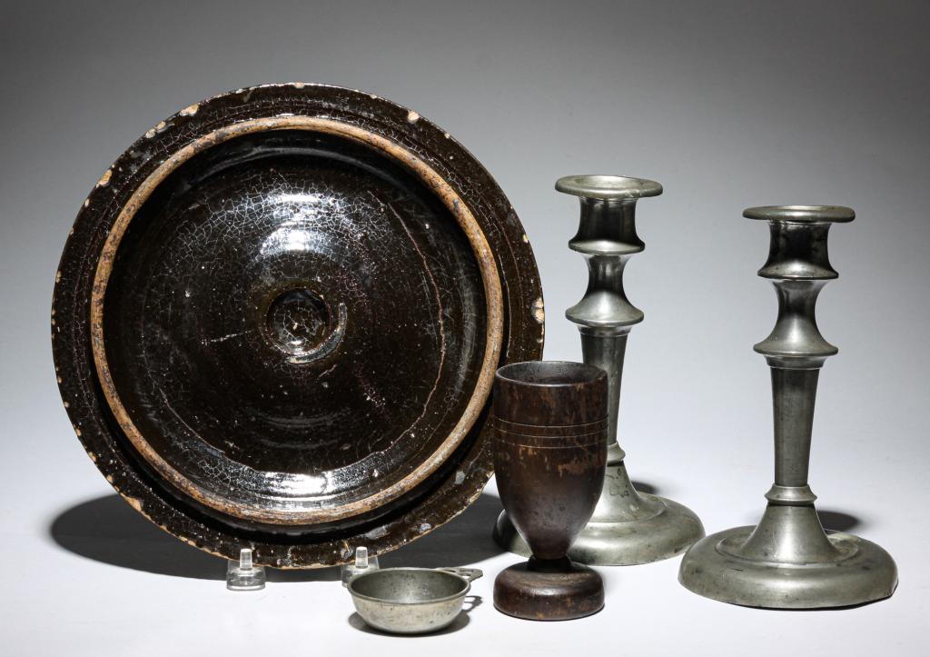 GROUP OF PEWTER WITH TREEN AND STONEWARE. (1 of 4)
