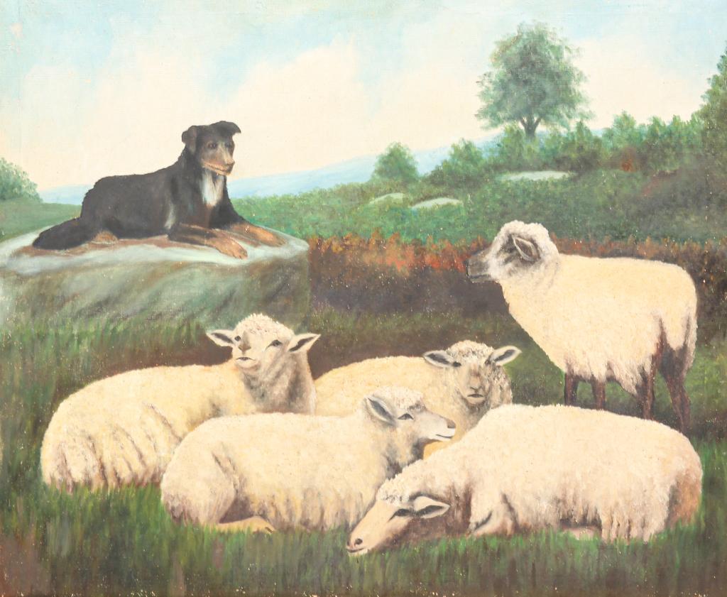 PRIMITIVE OIL ON CANVAS OF SHEEP. (1 of 3)