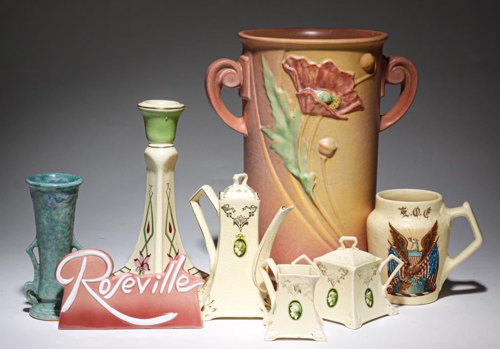 EIGHT ROSEVILLE ART POTTERY PIECES. (1 of 4)