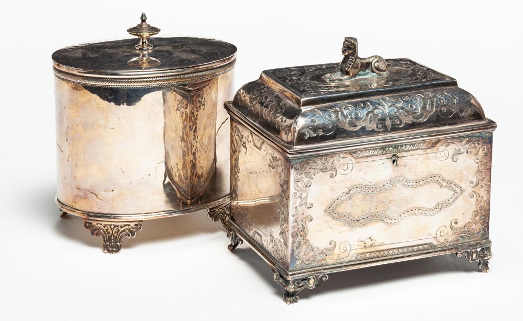 TWO ENGLISH SILVER PLATE TEA CADDIES. (1 of 5)