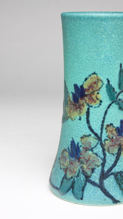 ROOKWOOD MATTE GLAZE VASE BY LOUISE ABEL.: Dated 1923. Shape 1358B with floral decoration on turquoise background, 6"h.