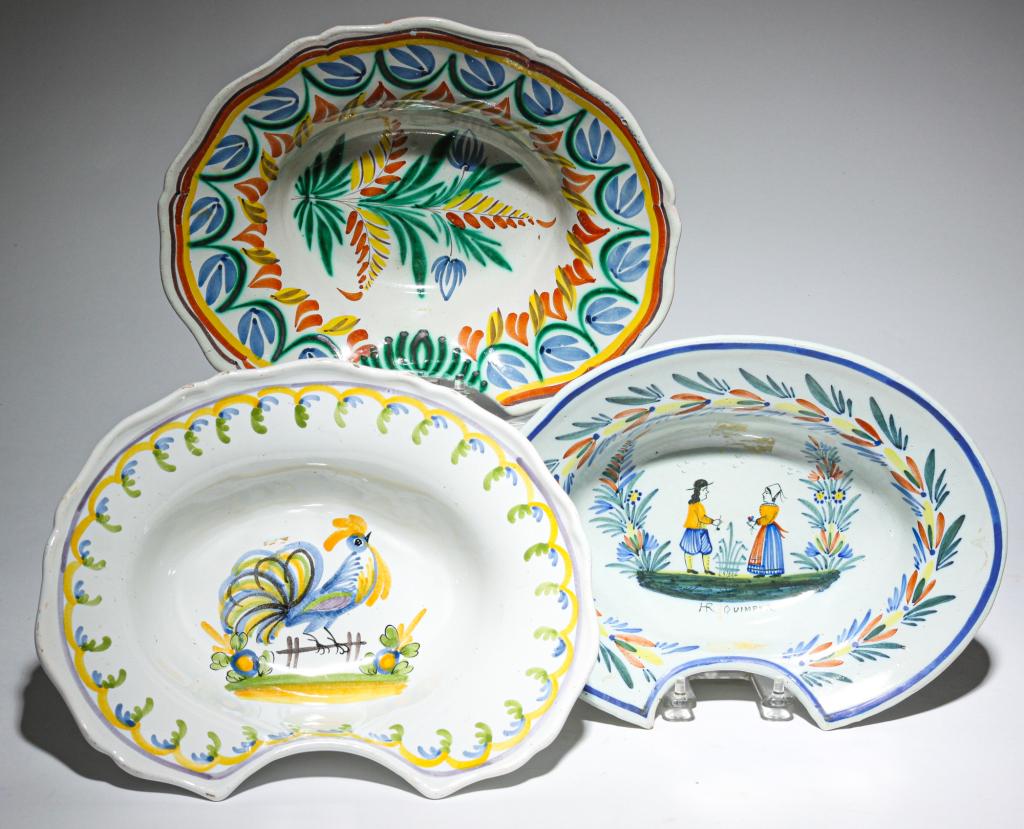 THREE FRENCH FAIENCE SHAVING OR BLEEDING BOWLS. (1 of 6)