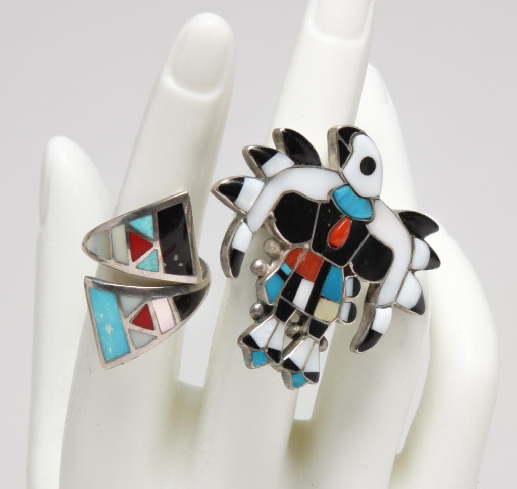 TWO VINTAGE INLAID SILVER ZUNI RINGS. (1 of 4)