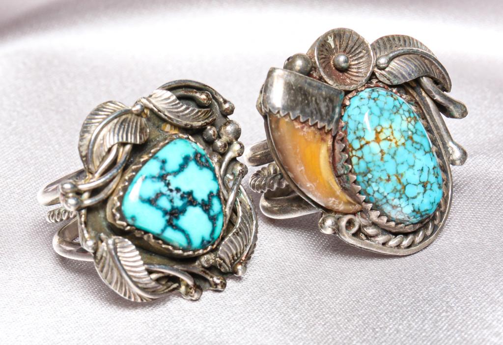 TWO NATIVE AMERICAN SILVER & TURQUOISE RINGS. (1 of 5)