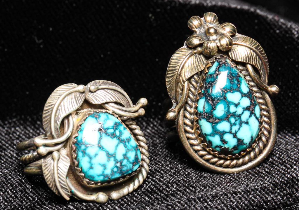 TWO SIGNED "KIRK" SILVER AND TURQUOISE RINGS. (1 of 3)