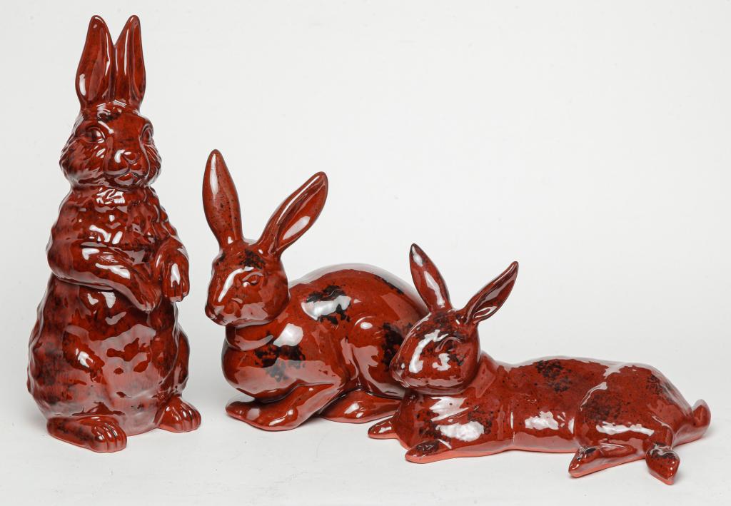 THREE FOLTZ REDWARE RABBITS. (1 of 3)