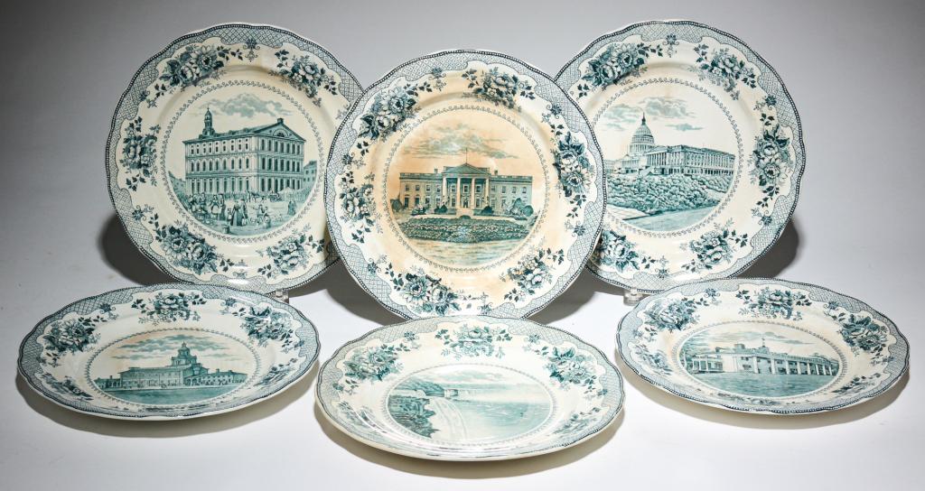 SIX BUFFALO POTTERY AMERICAN SCENE PLATES. (1 of 8)