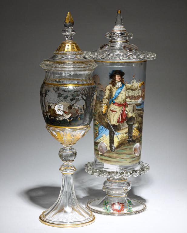 TWO EUROPEAN DECORATED CLEAR GLASS POKALS. (1 of 6)