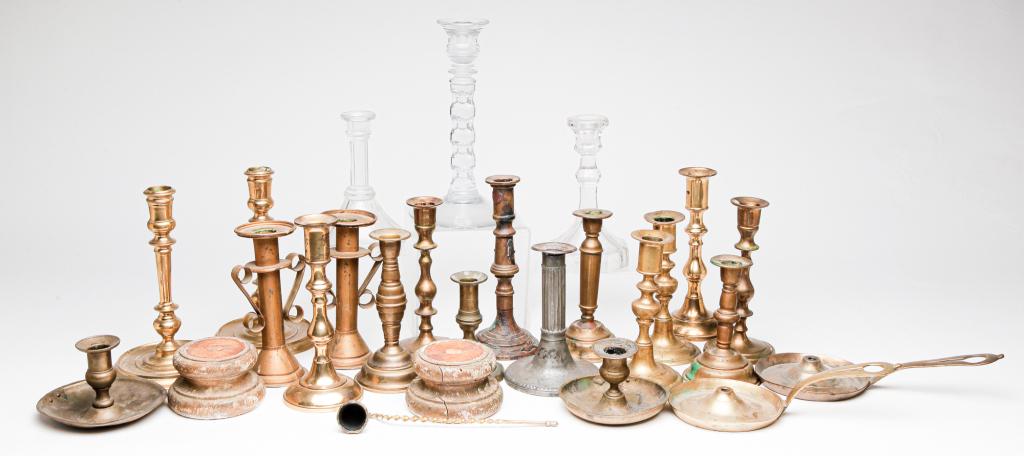GROUP OF CANDLE STICKS AND RELATED ITEMS. (1 of 3)