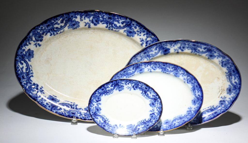 FOUR DOULTON BURSLEM FLOW BLUE NESTING PLATTERS. (1 of 5)