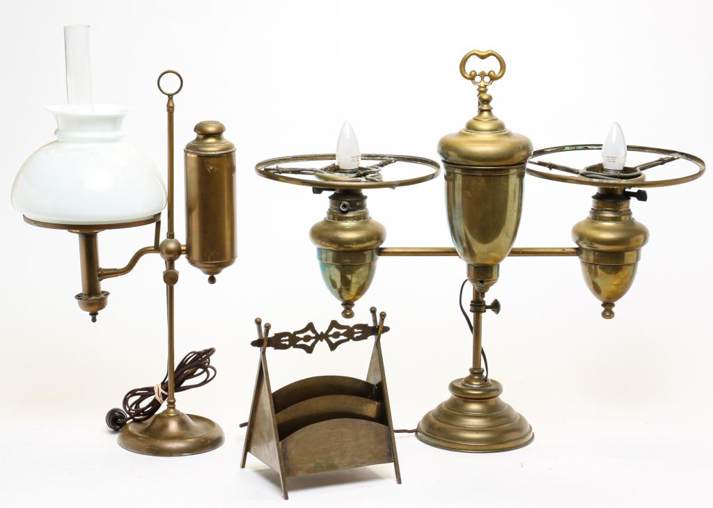 TWO BRASS LAMPS AND BRASS ORGANIZER. (1 of 4)