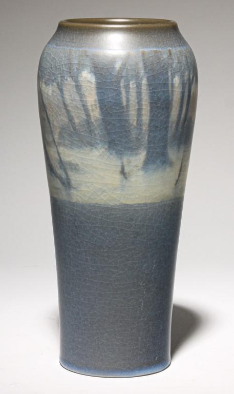 ROOKWOOD VELLUM VASE BY E.T. HURLEY.: Dated 1913. Shape 2039D with winter forest scene band on blue-grey background, 9.25"h.