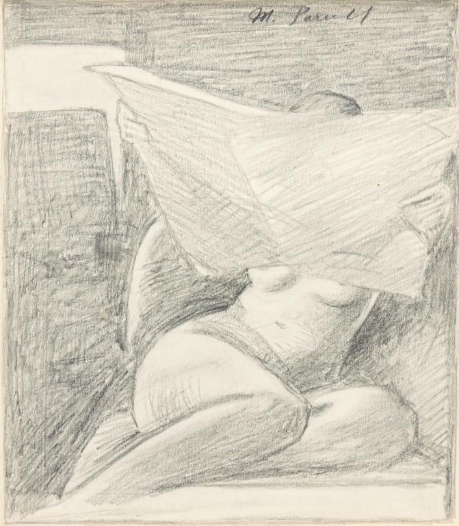 FRAMED PENCIL SKETCH BY M. POWELL.: Twentieth century. Seated female nude reading a newspaper, 17.75"h. 16.75"w.