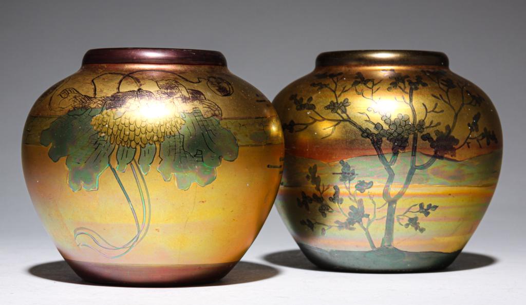 TWO WELLER LASA ROSE BOWLS. (1 of 4)