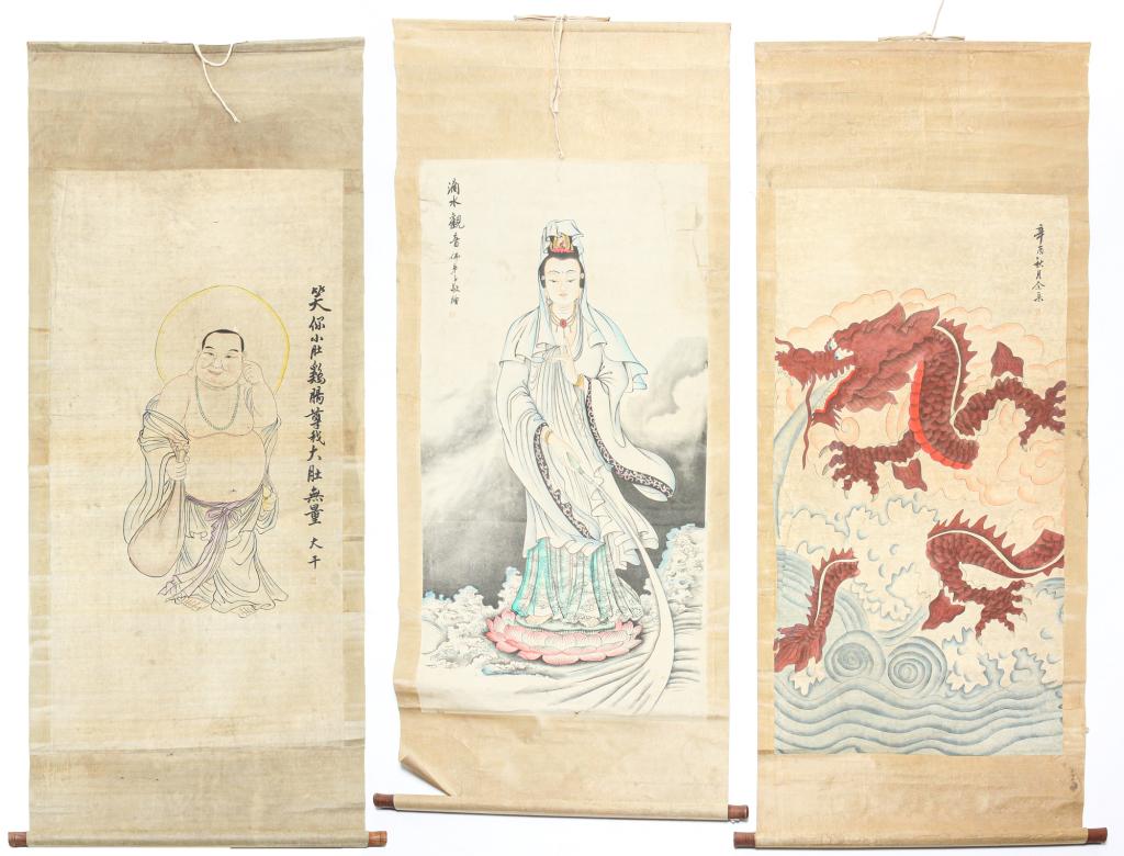 THREE JAPANESE SCROLLS.: Early 20th century. A lady in flowing gown, a dragon and robed man. 70"h. 33"w.