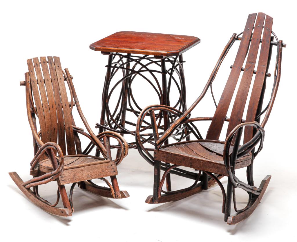 ADIRONDACK STAND AND TWO ROCKING CHAIRS. (1 of 3)