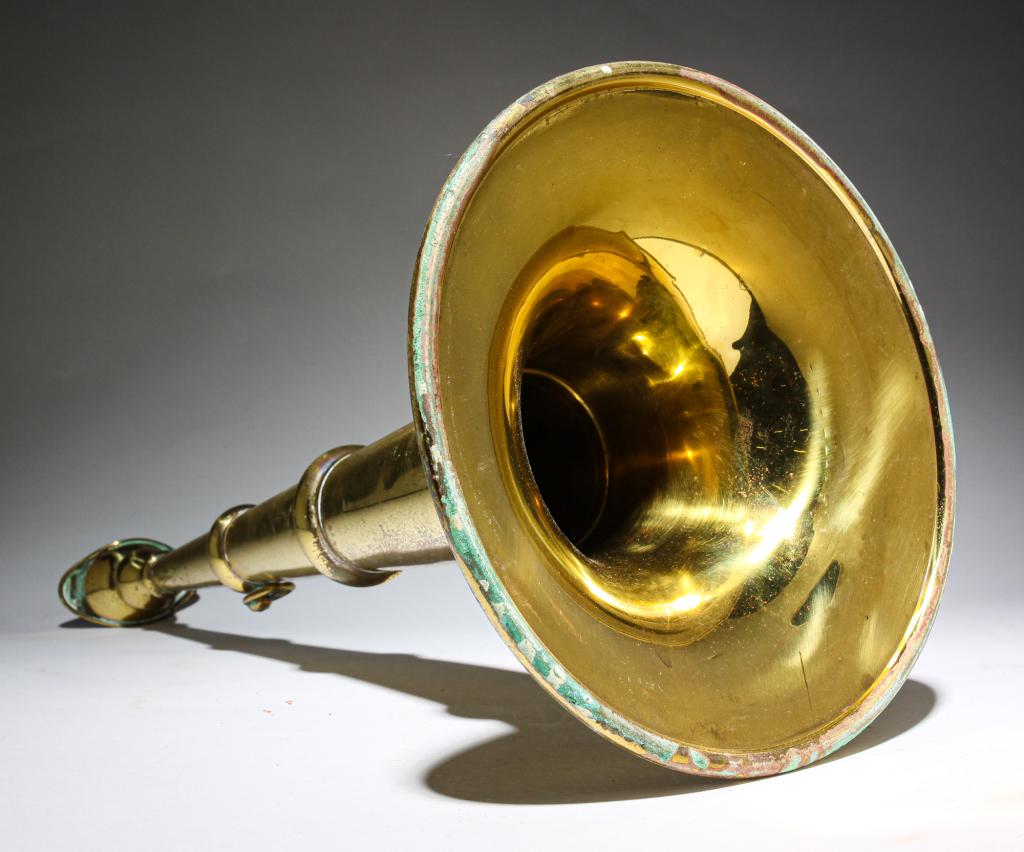 AMERICAN BRASS FIREMAN'S HORN.: Second half 19th century. Spun and cast, engraved "Jas. McRee." 19.5"h.