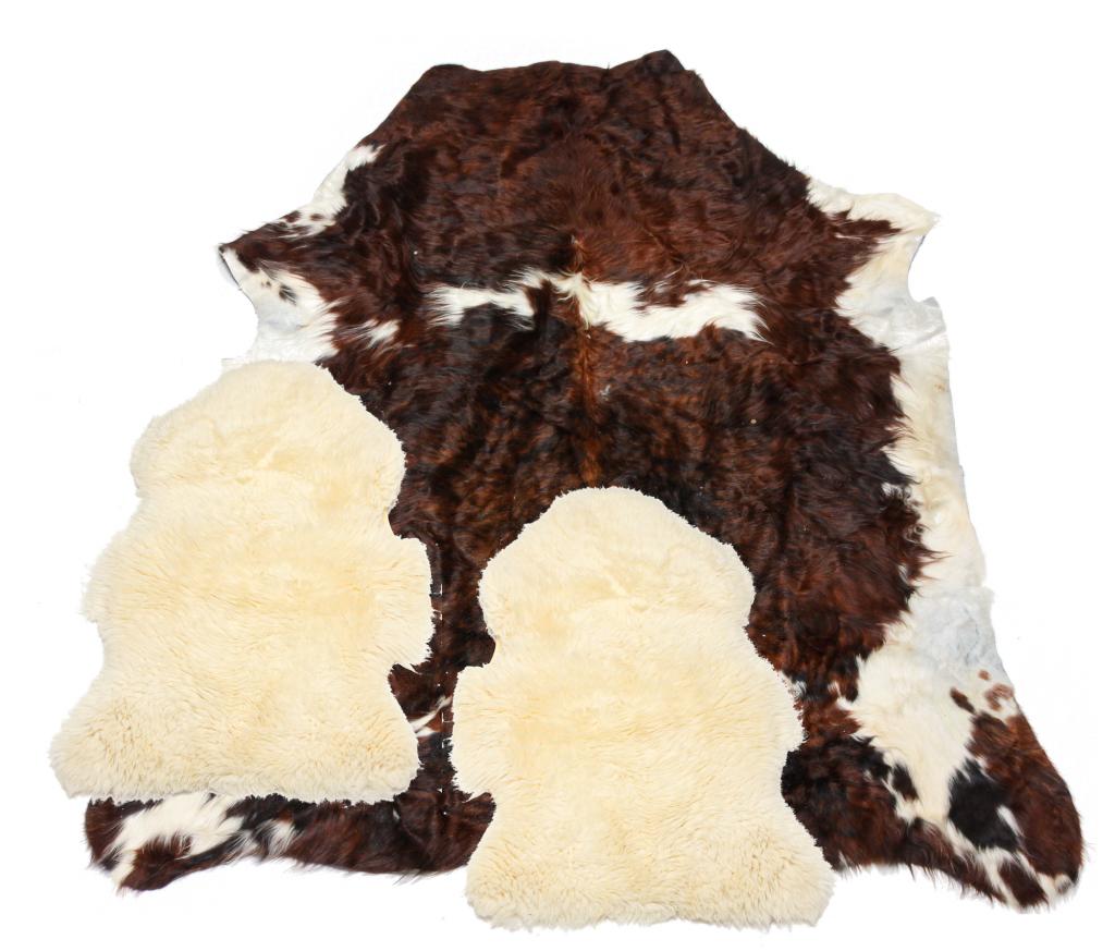 TWO LAMB SKINS AND A COW HIDE.: Late 20th century. Two lamb skins labeled for New Zealand and a cowhide, approx. 68" x 72".