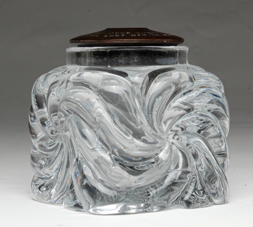 AMERICAN "YALE" UNIVERSITY INKWELL.: Pressed glass with bronze colored metal lid marked "Yale, Pat. June 7, 1892, Mfcd by the Burt Mfc. Co. Akron, O." 2.75"h.