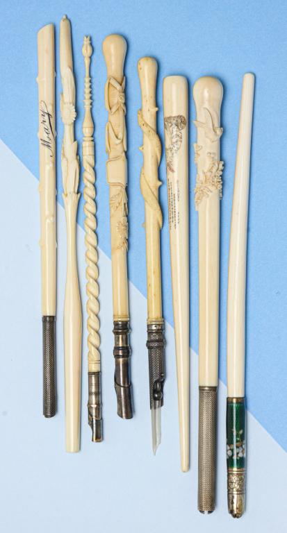 BONE AND IVORY ANTIQUE DIP PENS.: Mid-late 19th century. Eight pens each with bone or ivory body, silver metal mounted case. One pen marked "S. Mordan & Co.", one pen with scrimshaw design and lettering, one engraved "Mary", several w