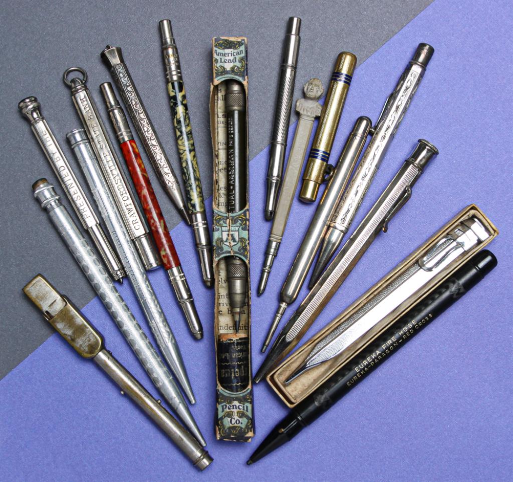 COLLECTION OF MISC. VINTAGE MECHANICAL PENCILS.: Mid-19th - early 20th century. Group includes: two Eagle automatic clutch drafting pencils, Pat. 1879, 1885; American Pencil Co. 'Perpetual Pencil' in original box with instructions; novelty 3" ruler 