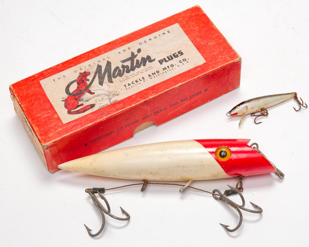 TWO VINTAGE FISHING LURES INCLUDING MARTIN.: Two vintage fishing lures including a wooden Martin salmon plug and a Rapala wobbler. Both are in original boxes.