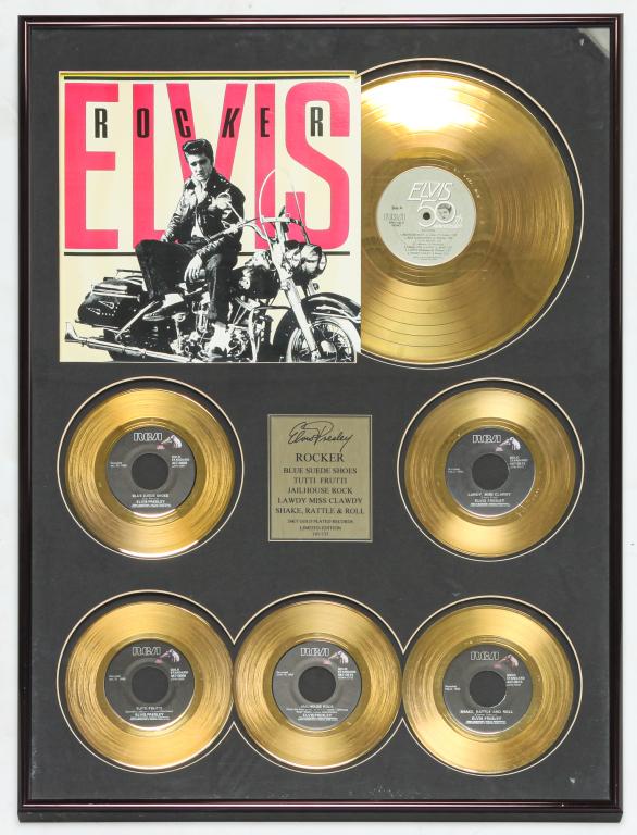 LIMITED EDITION ELVIS "ROCKER" RECORDS.: Late 20th century. Gold plated LP and fire 45, 101/135. 32.5"h. 24.25"w.