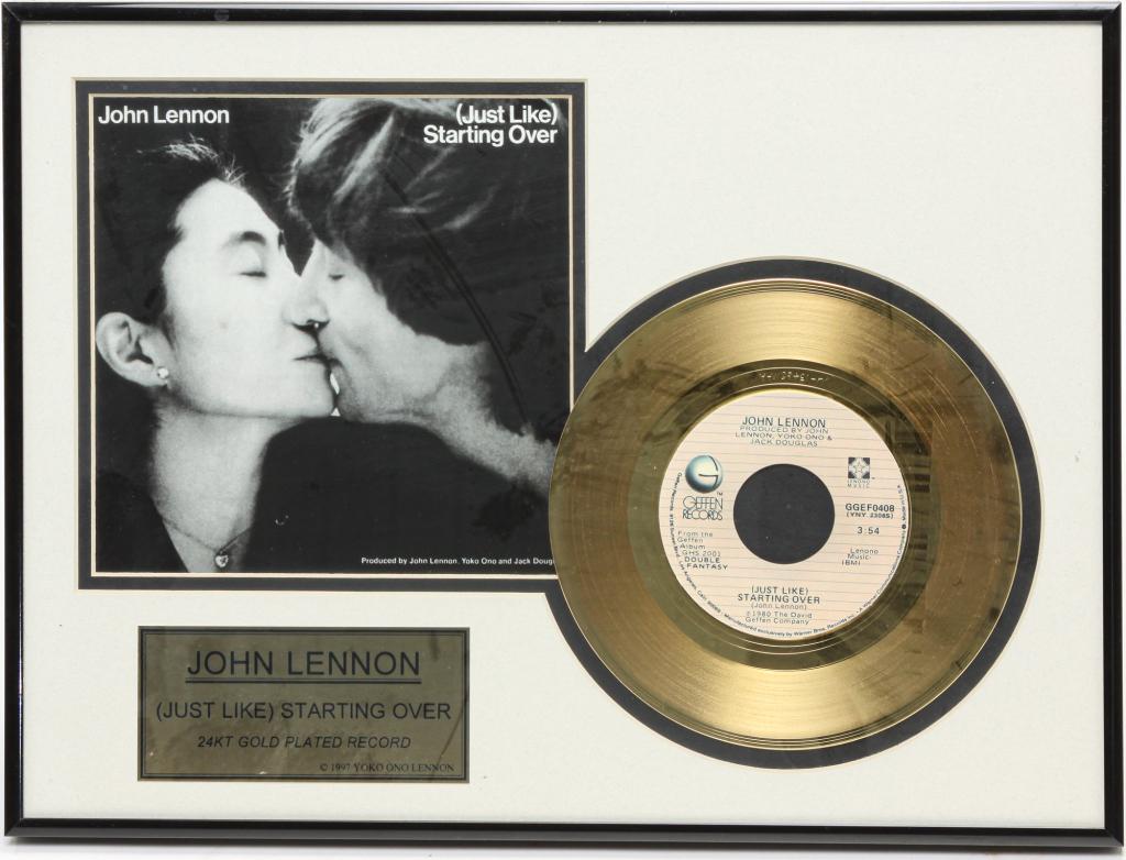 JOHN LENNON (JUST LIKE) STARTING OVER 45.: 1997 limited edition. Gold plated record. 12.25"h. 16.25"w.