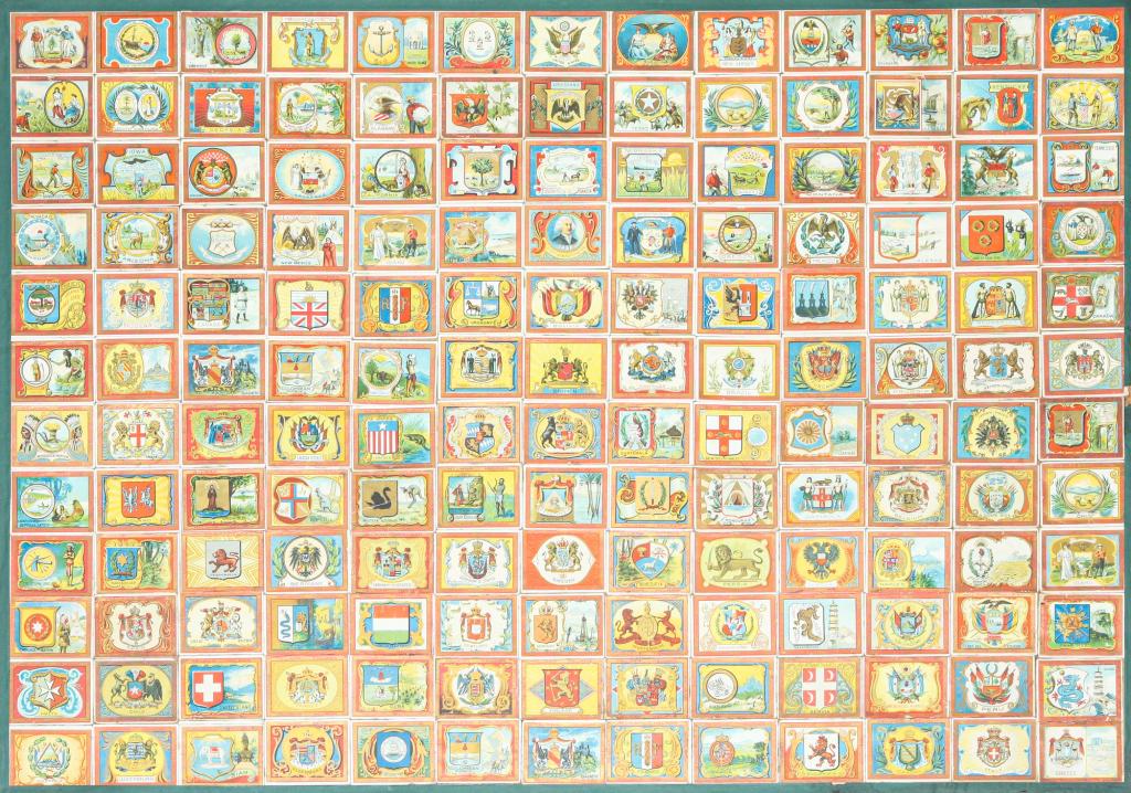 FRAMED SET OF "HELMAR" CIGARETTE TRADING CARDS.: First quarter 20th century. 156 chromolithograph trade cards featuring American state and foreign country and territorial seals and coats of arms as well as Native American tribes. Minor edge wear. Mo