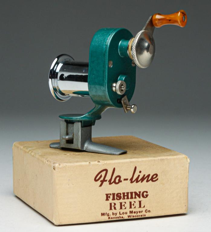 "FLO LINE" FISHING REEL.: Kenosha, Wisconsin, mid 20th century. Universal reel manufactured by "Lou Meyer Co.". With original box and booklet.