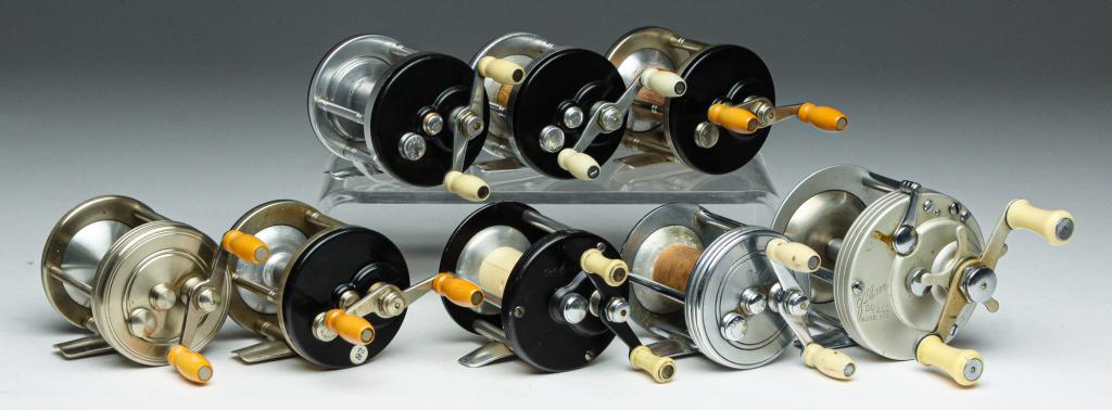 EIGHT "J.A. COXE" BAIT CASTER REELS.: Mid 20th century. All marked. Models 95-c, 15, 10-3, Do All 65, Coronet 25n, Coronet 25, 25-3 and 25c. Varying minor wear.